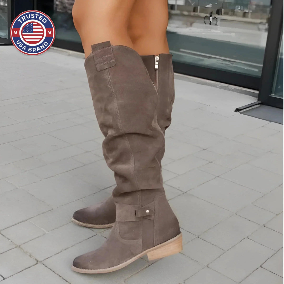Women's suede side zip knee high winter boots with slouchy shaft and block heel - Beige