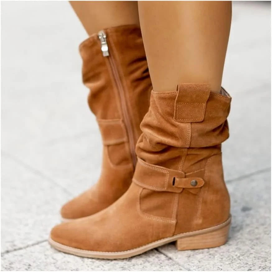 Women's suede side zip knee high winter boots with slouchy shaft and block heel - Beige