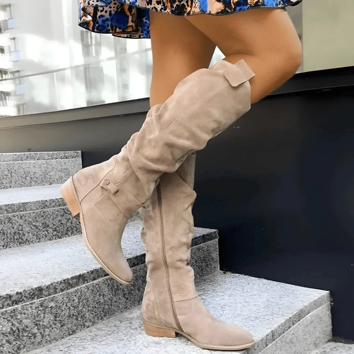 Women's suede side zip knee high winter boots with slouchy shaft and block heel - Beige