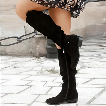 Women's suede side zip knee high winter boots with slouchy shaft and block heel - Beige