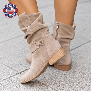 Women's heeled winter boots with slouchy calf shaft