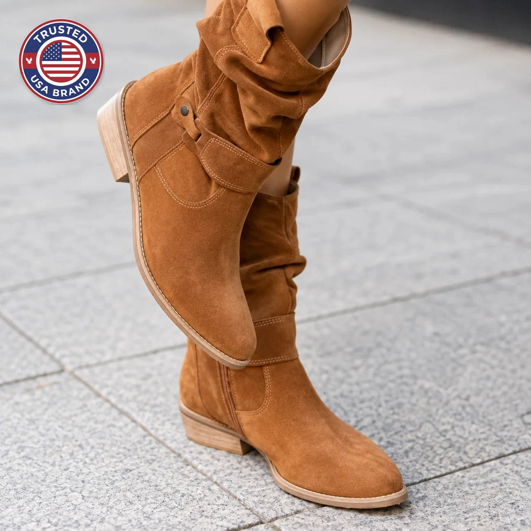 Women's heeled winter boots with slouchy calf shaft