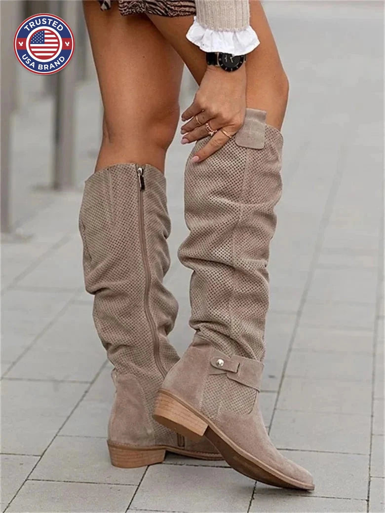 Women's perforated suede side zip knee high winter boots - Khaki