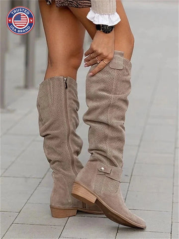 Women's perforated suede side zip knee high winter boots - Khaki