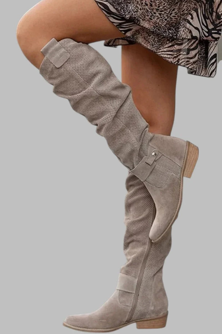 Women's perforated suede side zip knee high winter boots - Khaki