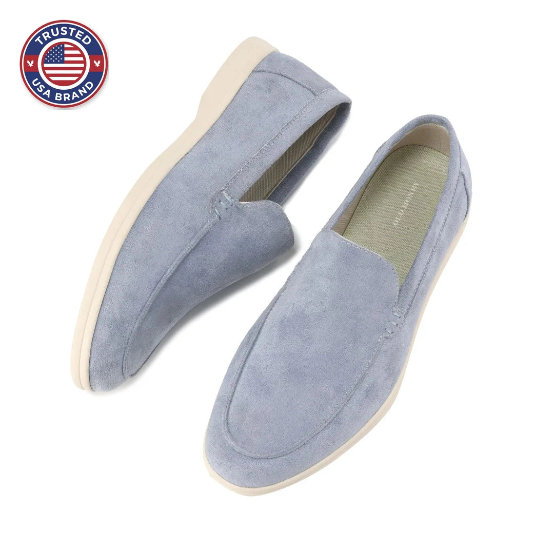Women's winter suede loafers with moccasin toe stitching - Misty Blue