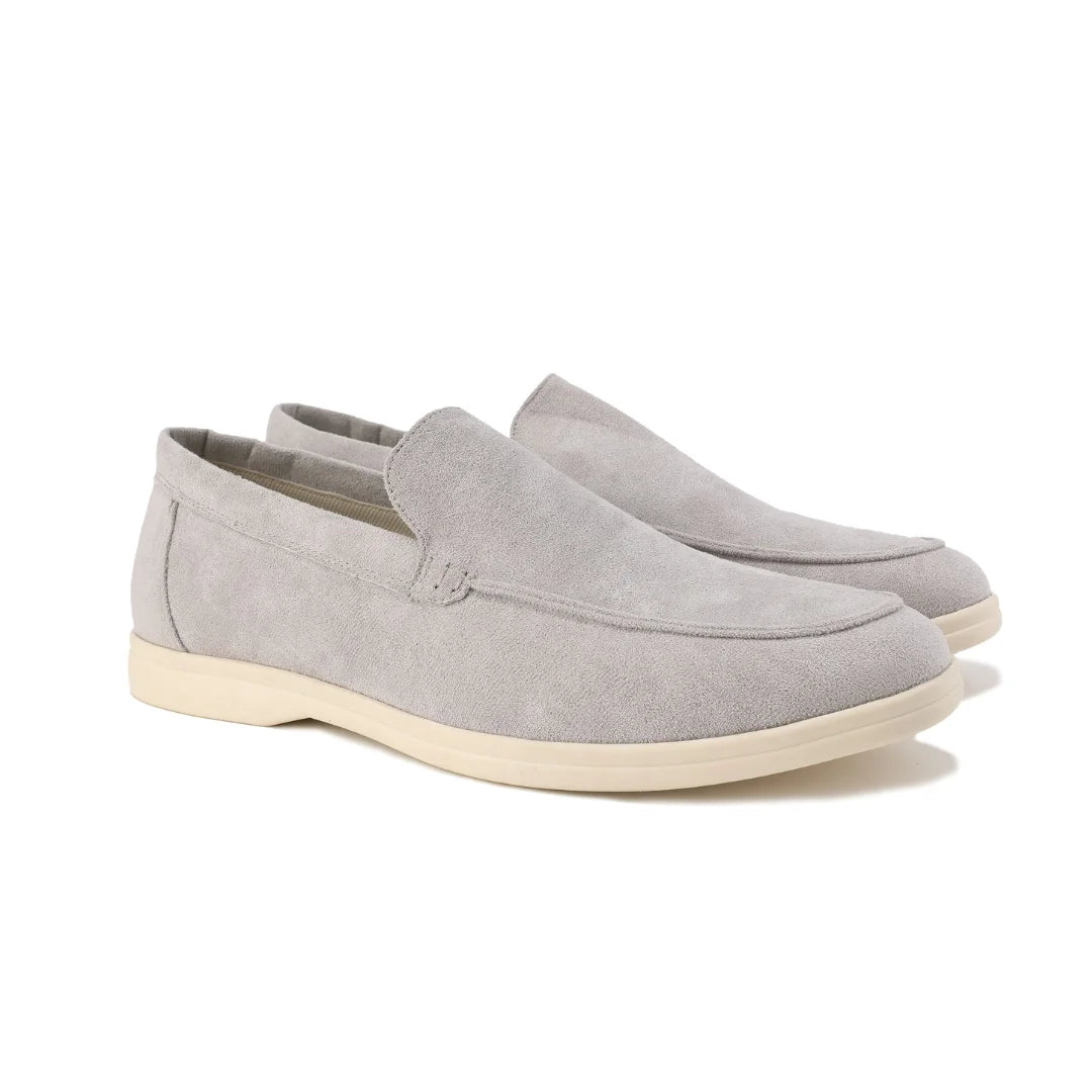 Women's winter suede loafers with moccasin toe stitching - Misty Blue