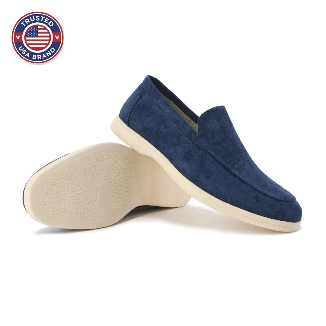 Women's winter suede loafers with moccasin toe stitching - Misty Blue