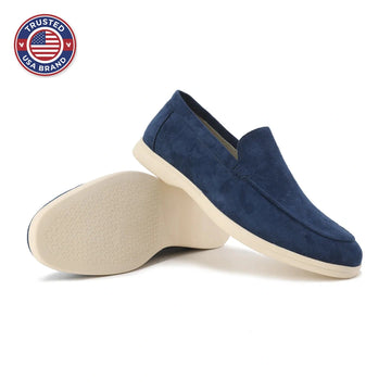 Women's winter suede loafers with moccasin toe stitching - Misty Blue