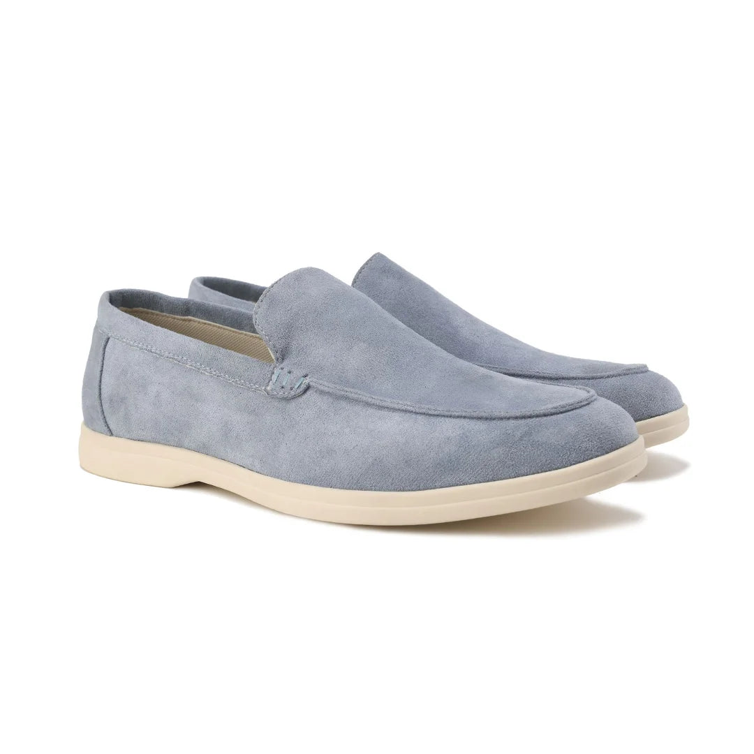 Women's winter suede loafers with moccasin toe stitching - Misty Blue
