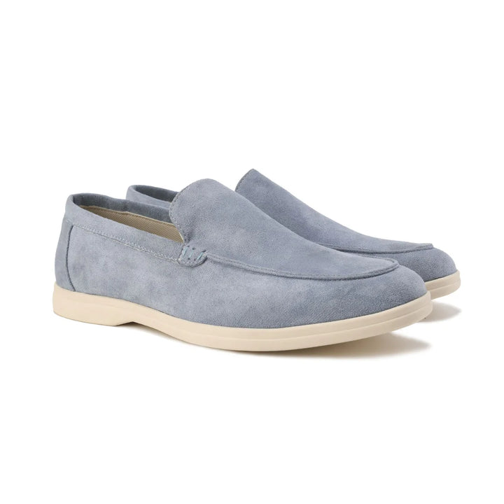 Women's winter suede loafers with moccasin toe stitching - Misty Blue