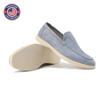 Women's winter suede loafers with moccasin toe stitching - Misty Blue