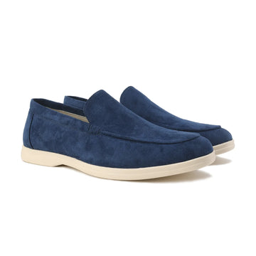 Women's winter suede loafers with moccasin toe stitching - Misty Blue
