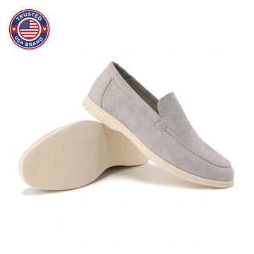 Women's winter suede loafers with moccasin toe stitching - Misty Blue