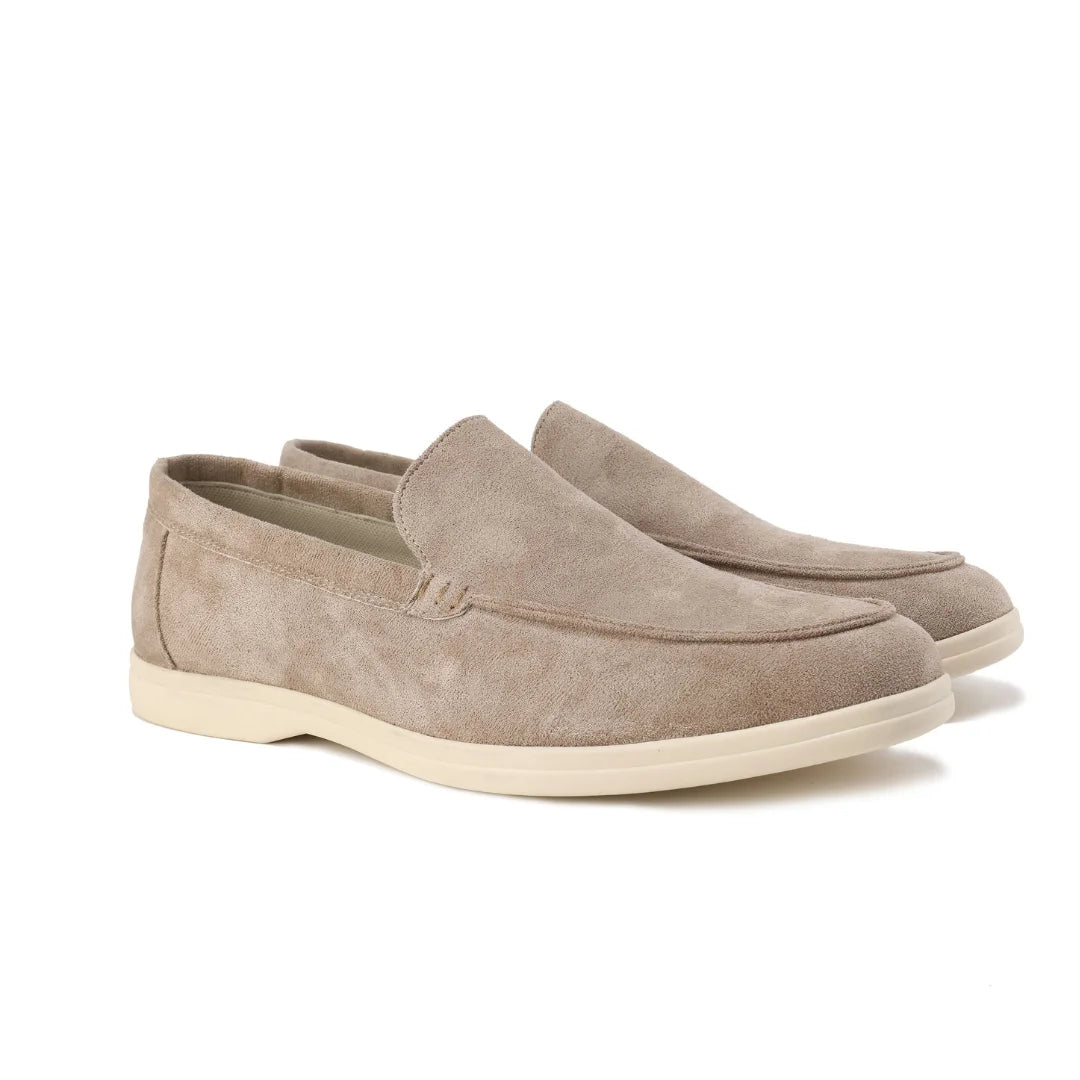 Women's winter suede loafers with moccasin toe stitching - Misty Blue