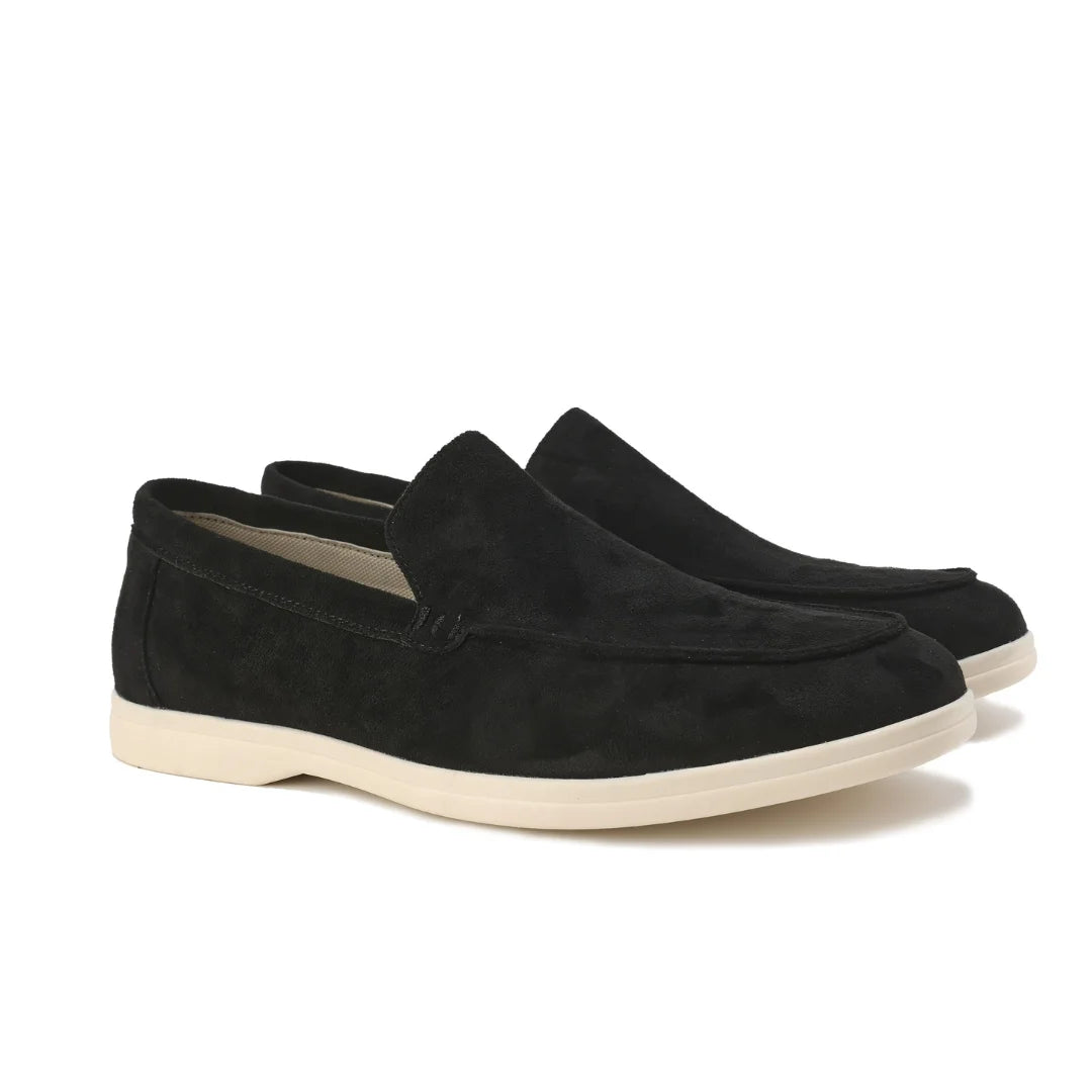 Women's winter suede loafers with moccasin toe stitching - Misty Blue