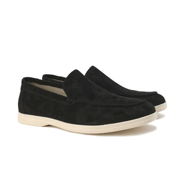 Women's winter suede loafers with moccasin toe stitching - Misty Blue