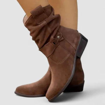Women's suede side zip orthopedic ankle winter boots with slouchy shaft and block heel - Beige