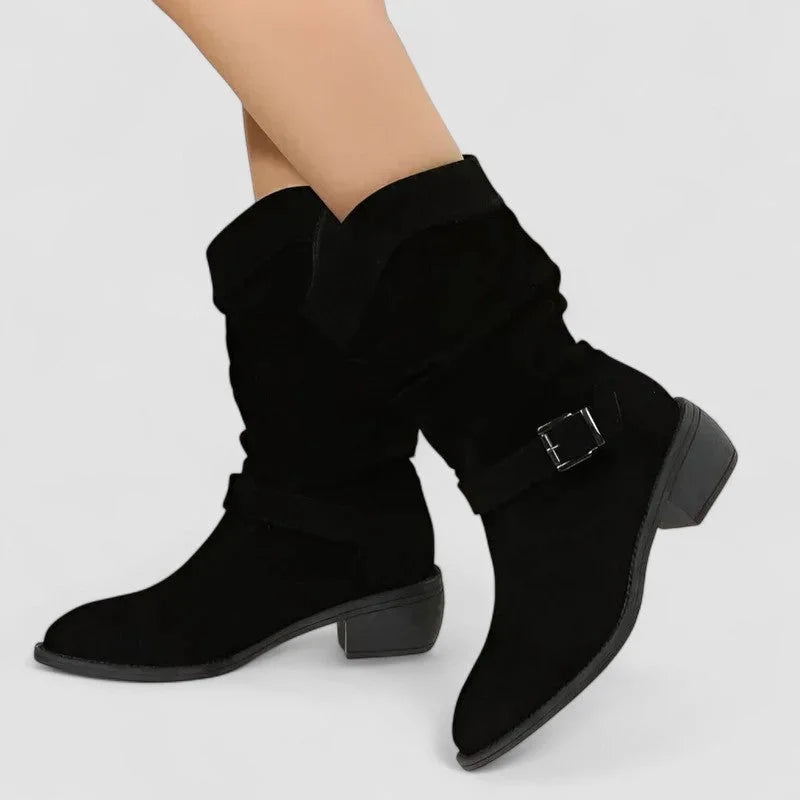Women's suede side zip orthopedic ankle winter boots with slouchy shaft and block heel - Beige