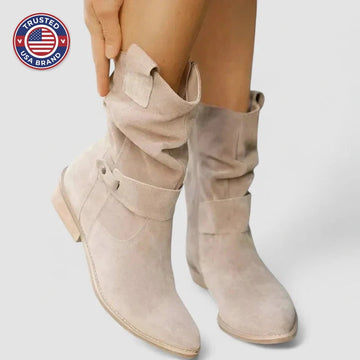 Women's suede side zip orthopedic ankle winter boots with slouchy shaft and block heel - Beige