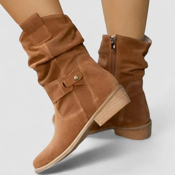 Women's suede side zip orthopedic ankle winter boots with slouchy shaft and block heel - Beige