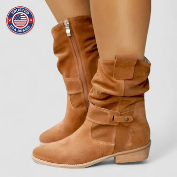 Women's suede side zip orthopedic ankle winter boots with slouchy shaft and block heel - Beige