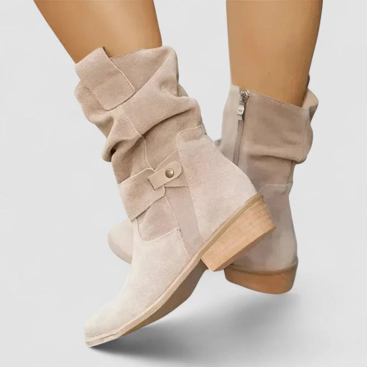 Women's suede side zip orthopedic ankle winter boots with slouchy shaft and block heel - Beige