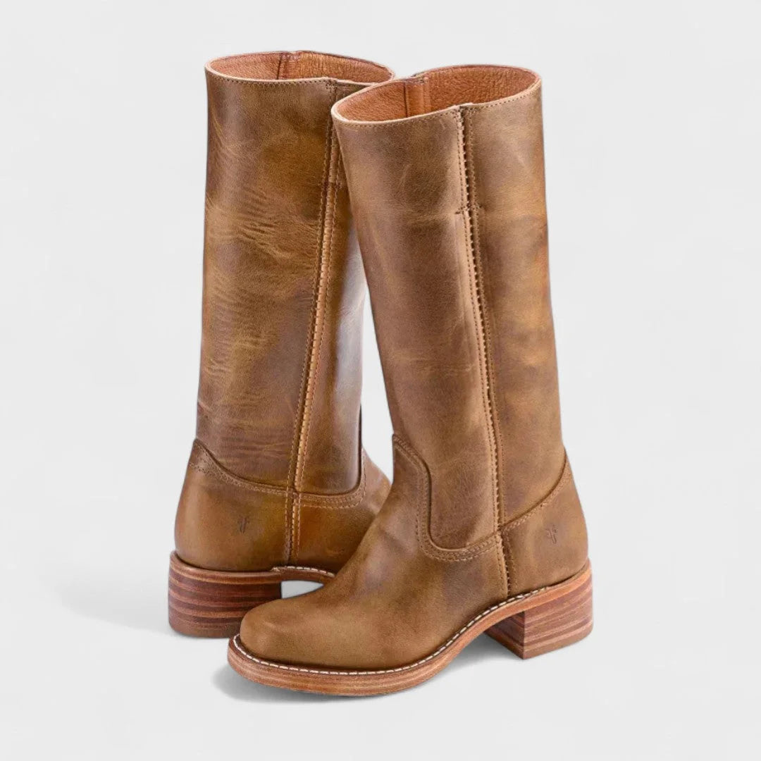 Women's faux leather knee high winter boots with stacked block heel - Dark Brown