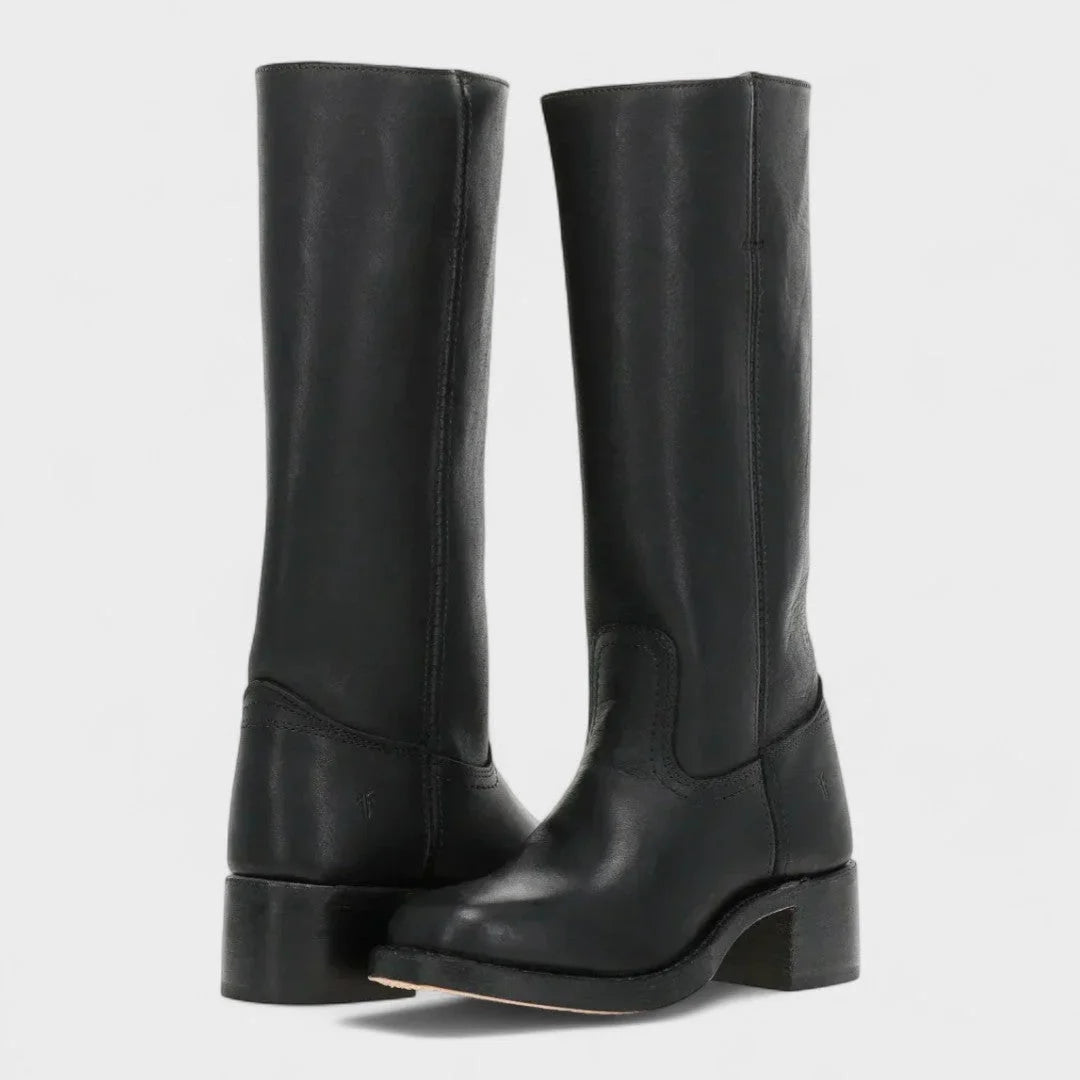 Women's faux leather knee high winter boots with stacked block heel - Dark Brown