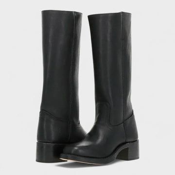 Women's faux leather knee high winter boots with stacked block heel - Dark Brown