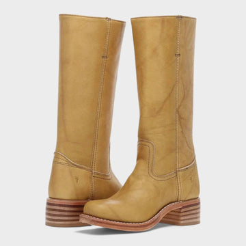 Women's faux leather knee high winter boots with stacked block heel - Dark Brown