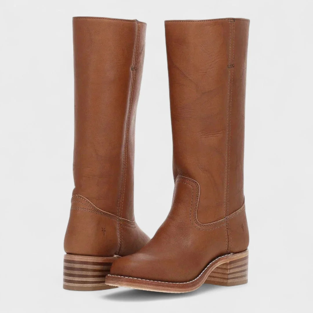 Women's faux leather knee high winter boots with stacked block heel - Dark Brown