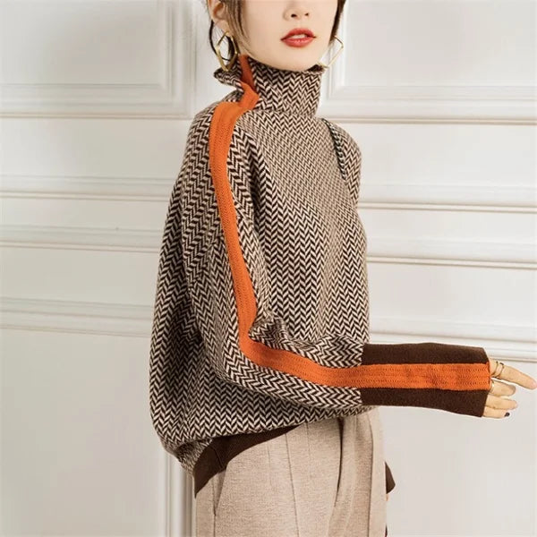 Women's winter roll neck sweater, ribbed knit