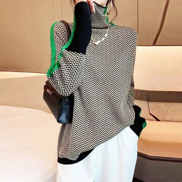 Women's winter roll neck sweater, ribbed knit in Green