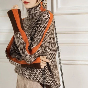 Women's winter roll neck sweater, ribbed knit in Orange