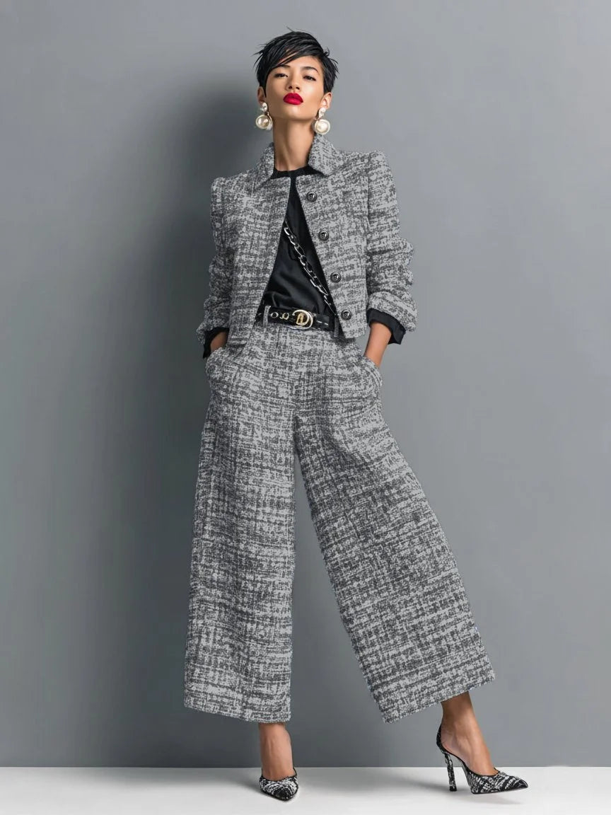 Women's check tweed button-front winter two piece set - Black