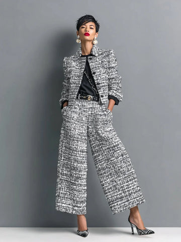 Women's check tweed button-front winter two piece set - Black