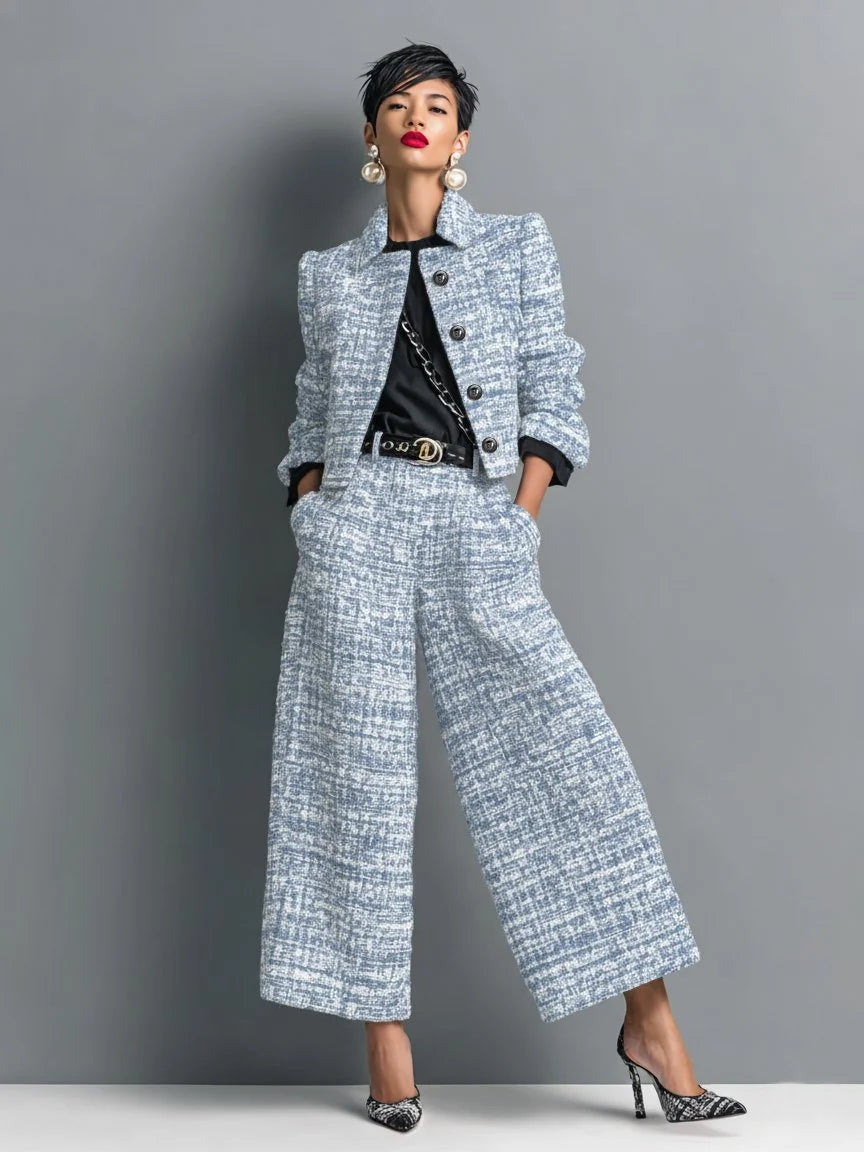 Women's check tweed button-front winter two piece set - Black