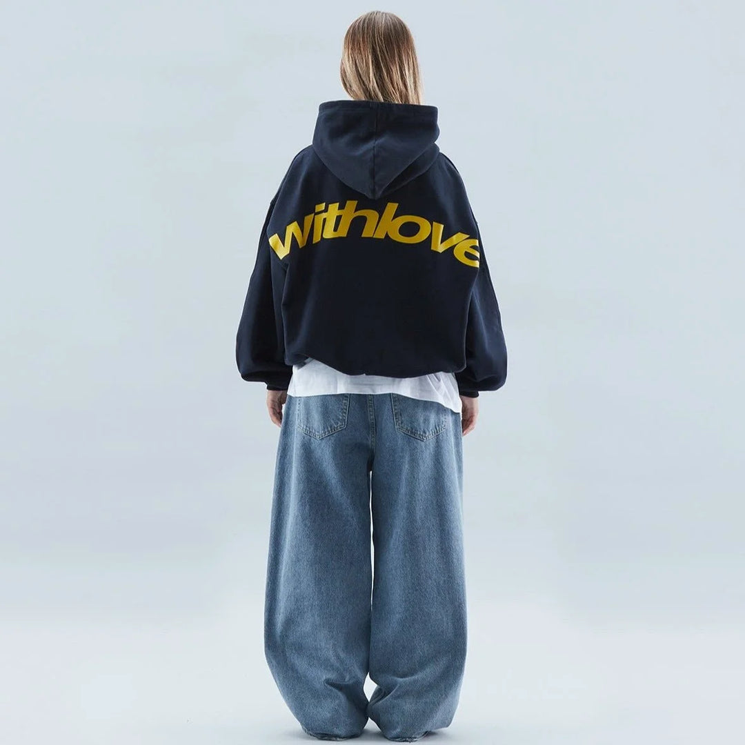 Women's winter fleece hoodie with text graphic - Navy