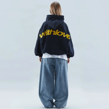 Women's winter fleece hoodie with text graphic - Navy