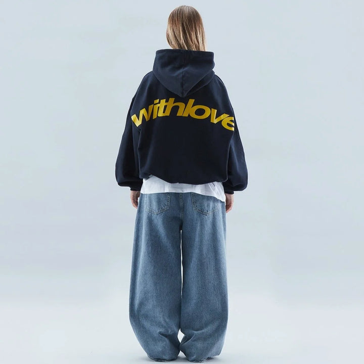 Women's winter fleece hoodie with text graphic - Navy