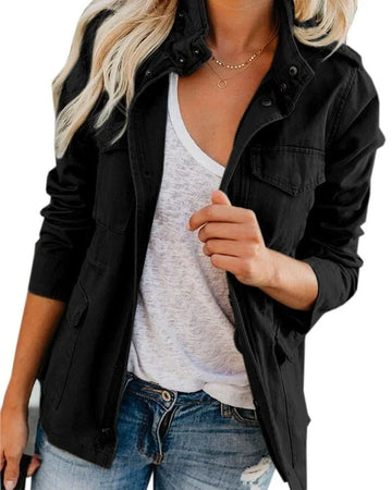 Women's stand collar utility winter bomber jacket in Black