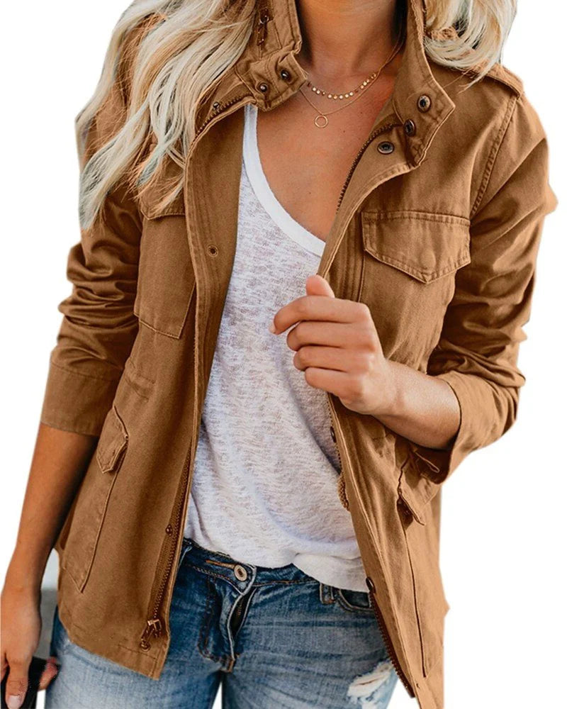 Women's stand collar utility winter bomber jacket in Brown
