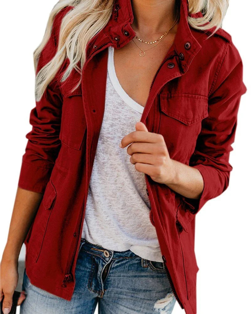 Women's stand collar utility winter bomber jacket in Burgundy