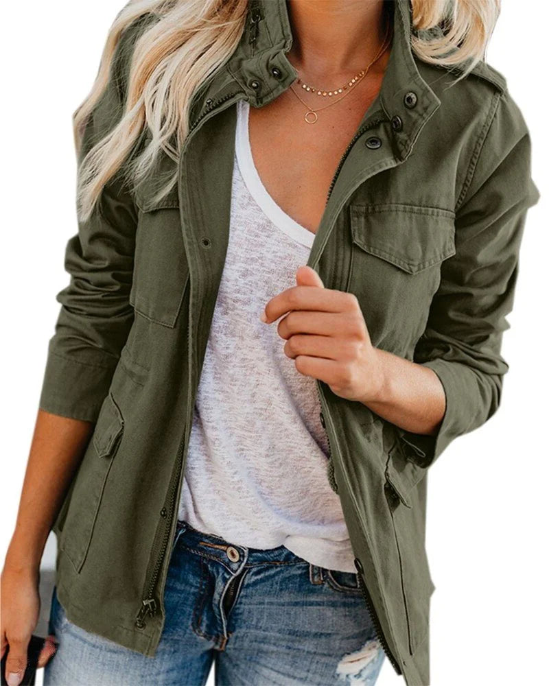 Women's stand collar utility winter bomber jacket in Military Green
