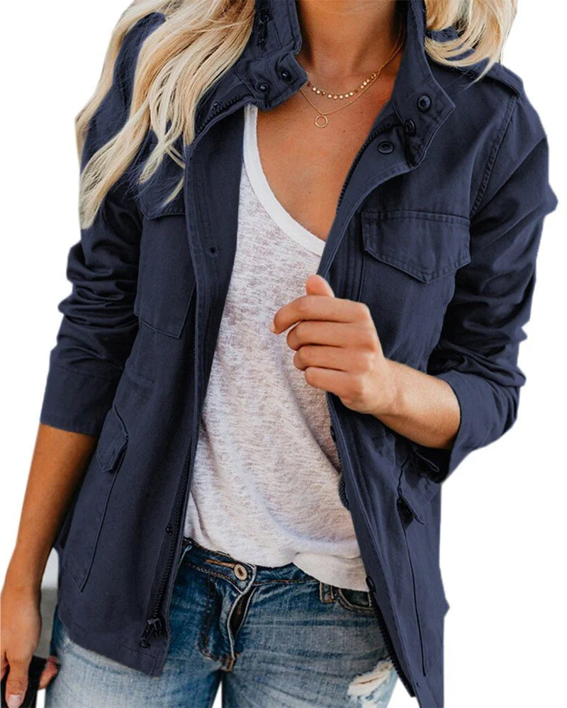 Women's stand collar utility winter bomber jacket in Navy Blue