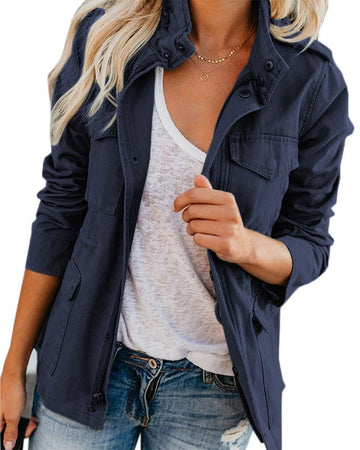 Women's stand collar utility winter bomber jacket in Navy Blue