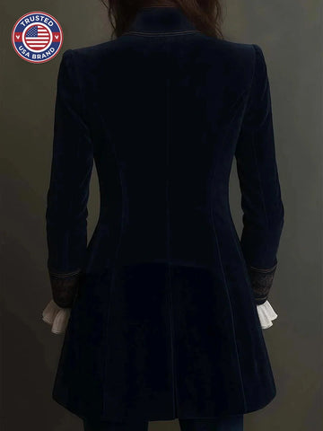 Vintage velvet long winter blazer with embroidered lapels for women