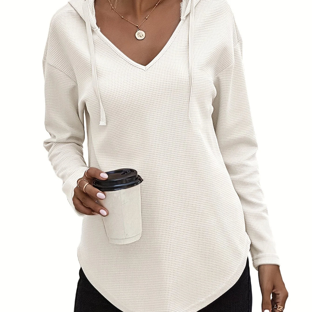 Women's comfy waffle knit V-neck winter hoodie in Cream