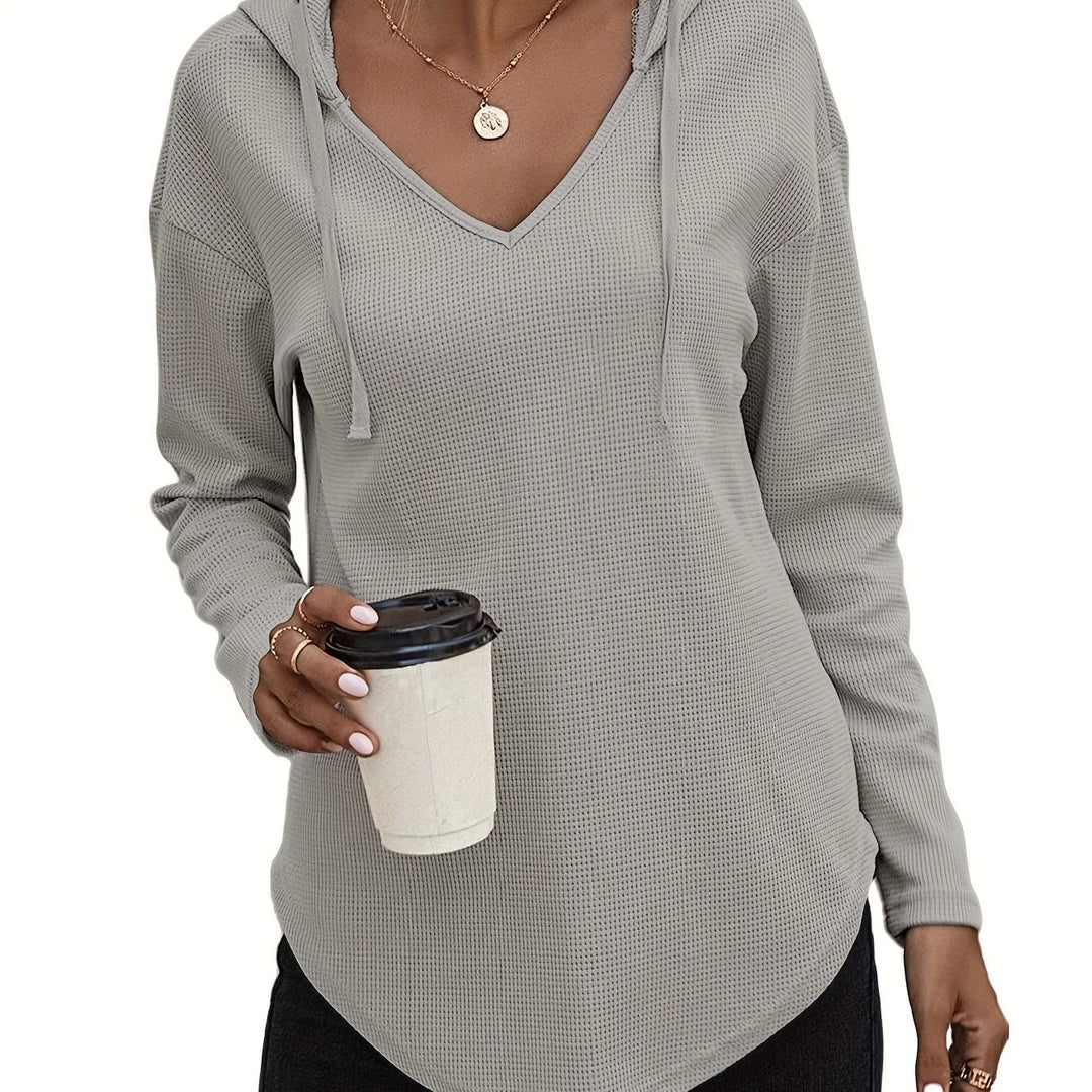 Women's comfy waffle knit V-neck winter hoodie in Grey